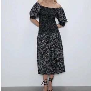 Zara Black Floral Smocked Waist  Dress